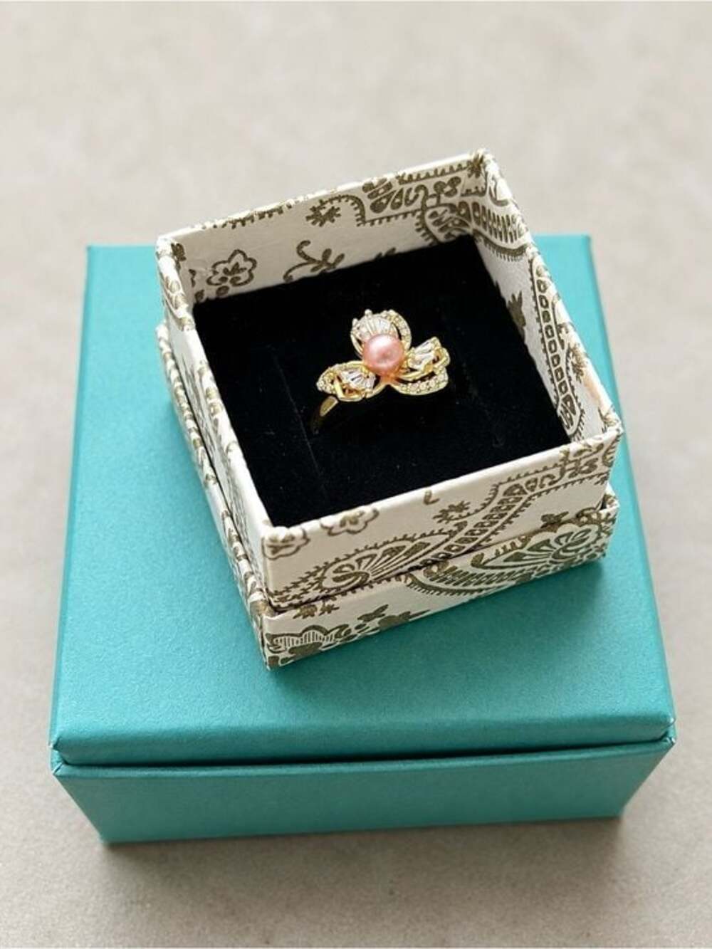 3 for $75 Gold Flower Ring with Pink Pearl Accent